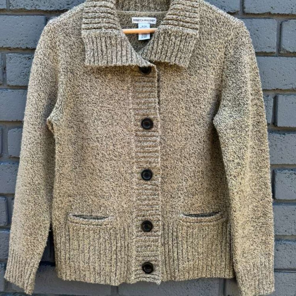 Y2K Rebecca Malone Ribbed Knit Cardigan Sweater Button Front Heathered Taupe S